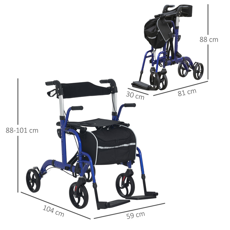 2 in 1 Wheelchair Transport Chair and Folding Rollator Walker with Seat and Bag by HOMCOM AOSOM
