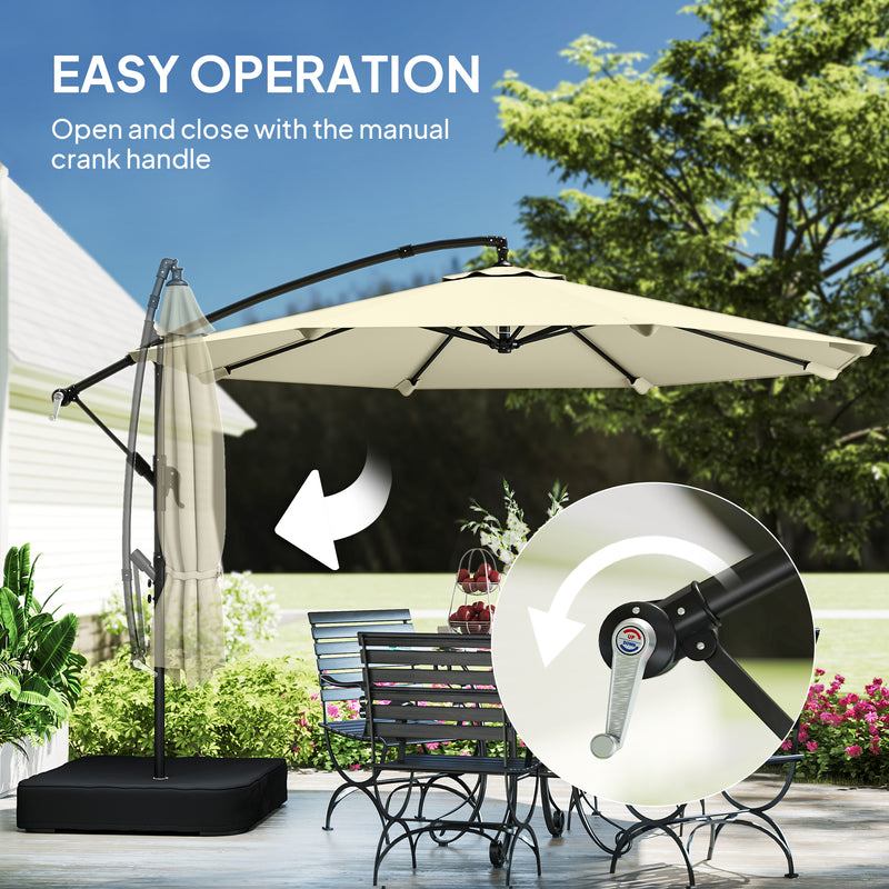 3m Beige Cantilever Umbrella For Patio with Base - 360 Degree Shade - Top Vent - Crank Handle