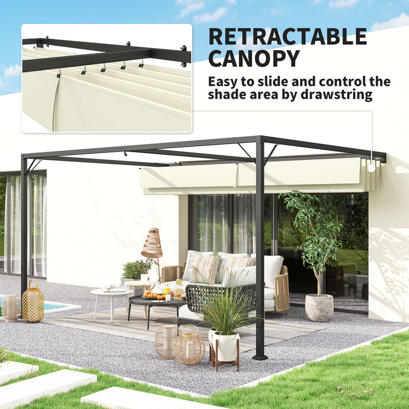Cream White 4 x 3m Wall Mounted Pergola with Retractable Canopy by Outsunny