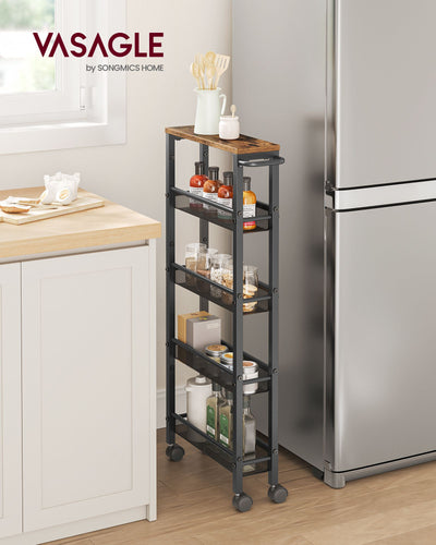 Rustic Brown and Black 5 Shelf Rolling Storage Trolley with Metal Frame by Vasagle