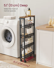 Rustic Brown and Black 5 Shelf Rolling Storage Trolley with Metal Frame by Vasagle