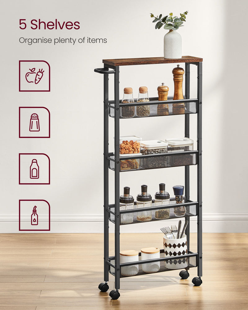 Rustic Brown and Black 5 Shelf Rolling Storage Trolley with Metal Frame by Vasagle