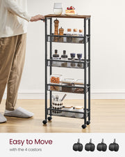 Rustic Brown and Black 5 Shelf Rolling Storage Trolley with Metal Frame by Vasagle