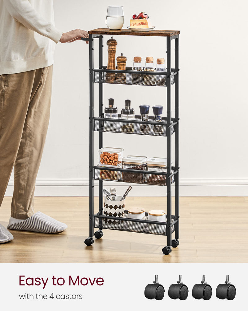Rustic Brown and Black 5 Shelf Rolling Storage Trolley with Metal Frame by Vasagle