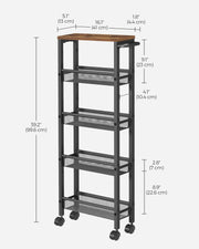 Rustic Brown and Black 5 Shelf Rolling Storage Trolley with Metal Frame by Vasagle