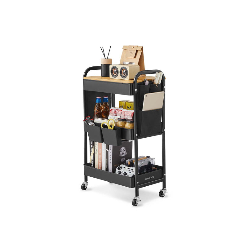 Black 3 Tier Storage Trolley with Tabletop for Kitchen or Office Organisation by Songmics