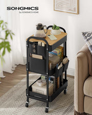 Black 3 Tier Storage Trolley with Tabletop for Kitchen or Office Organisation by Songmics