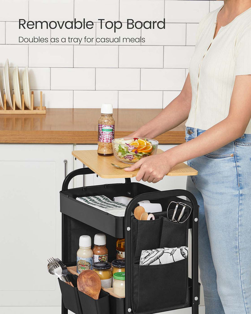Black 3 Tier Storage Trolley with Tabletop for Kitchen or Office Organisation by Songmics