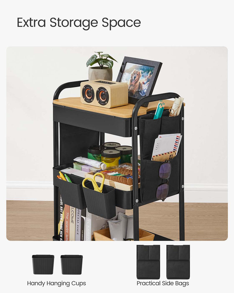 Black 3 Tier Storage Trolley with Tabletop for Kitchen or Office Organisation by Songmics