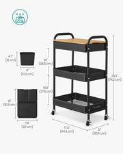 Black 3 Tier Storage Trolley with Tabletop for Kitchen or Office Organisation by Songmics