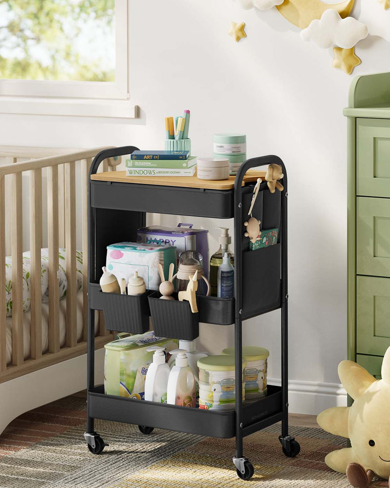 Black 3 Tier Storage Trolley with Tabletop for Kitchen or Office Organisation by Songmics