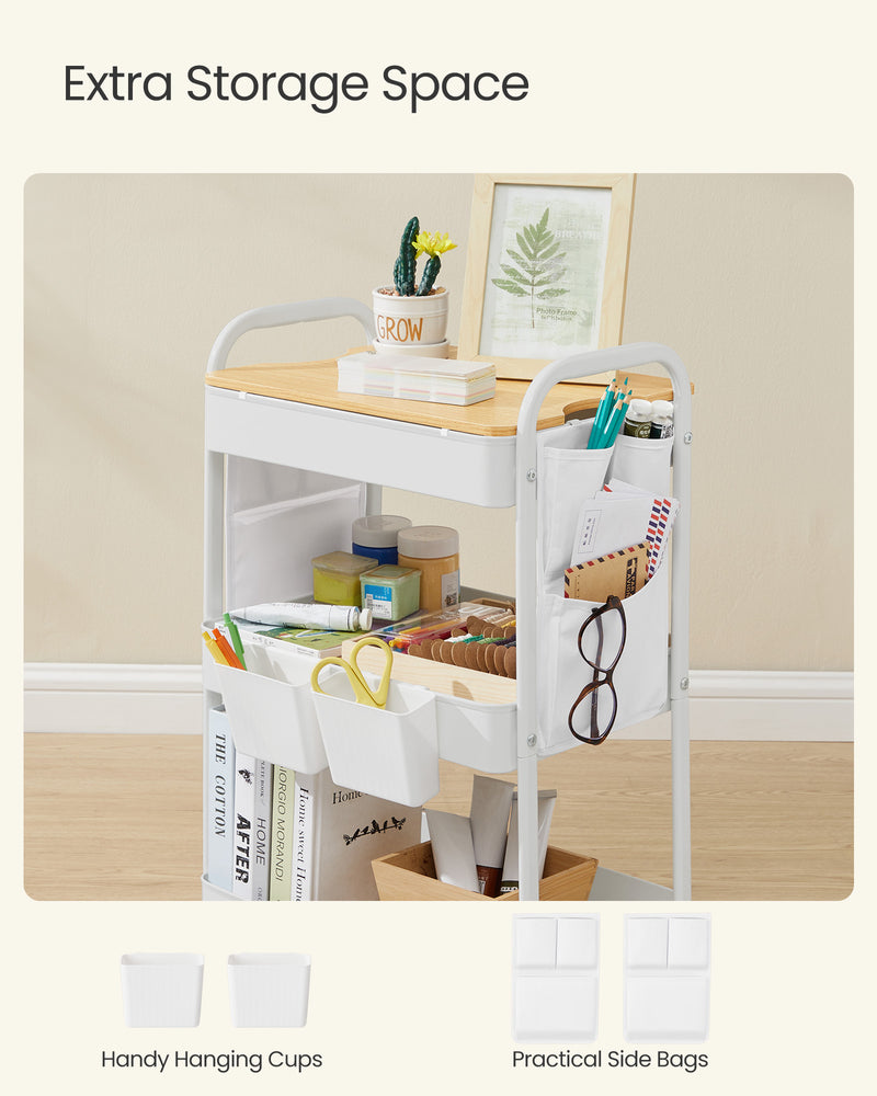 White 3 Tier Storage Trolley with Table Top for Kitchen or Office by Songmics