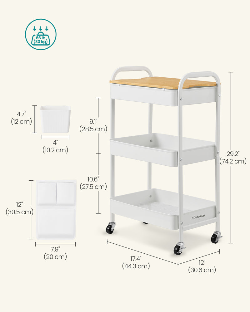 White 3 Tier Storage Trolley with Table Top for Kitchen or Office by Songmics