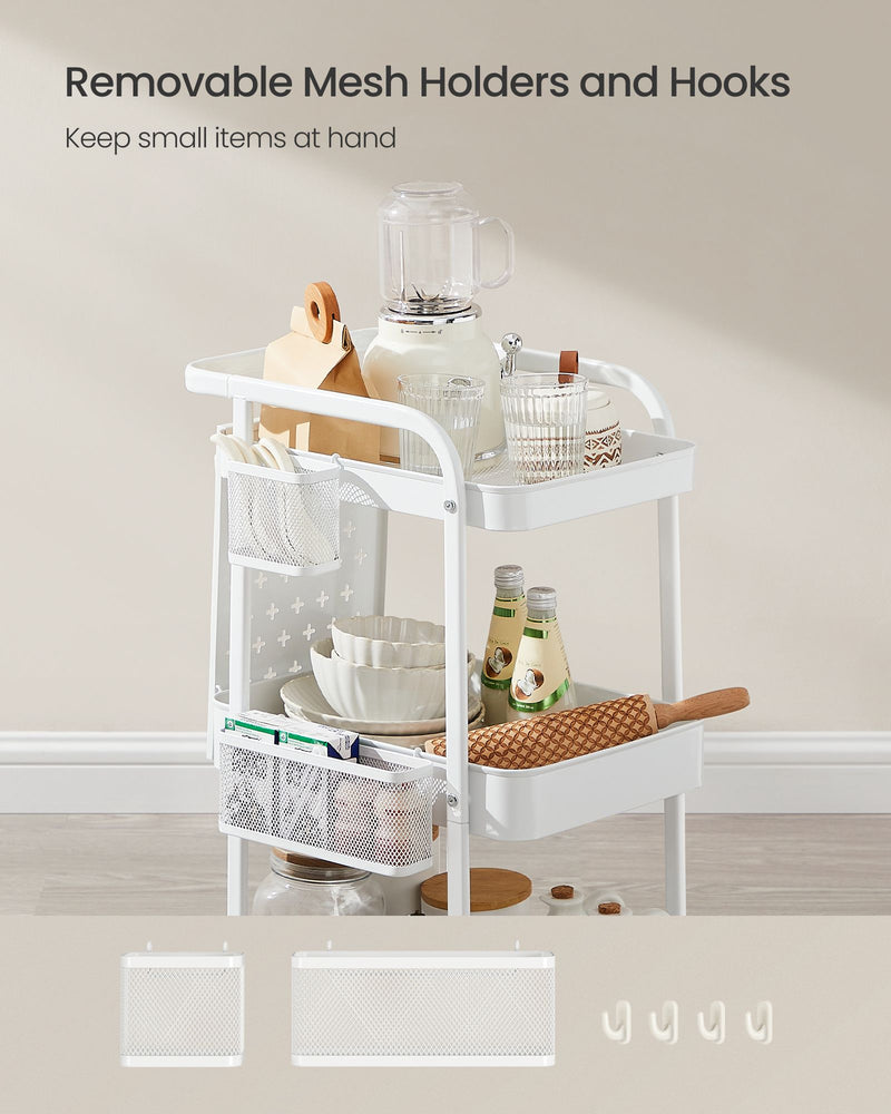 White 3 Tier Metal Mesh Storage Trolley on Wheels for Home or Office by Songmics