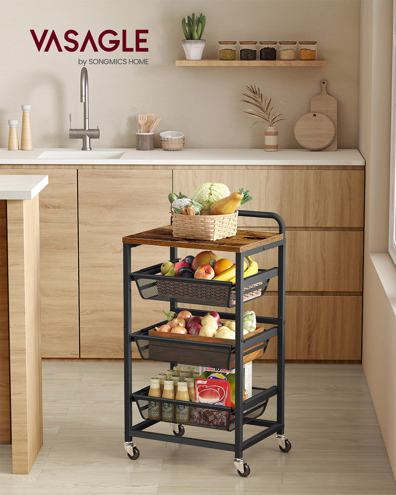 Storage Trolley with Pull Out Baskets Handle and Lockable Wheels for Home Organisation by Vasagle