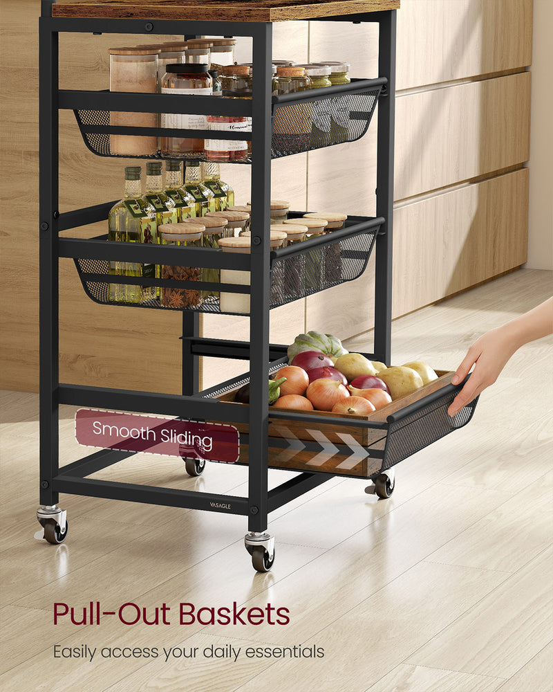 Storage Trolley with Pull Out Baskets Handle and Lockable Wheels for Home Organisation by Vasagle
