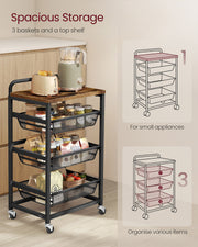 Storage Trolley with Pull Out Baskets Handle and Lockable Wheels for Home Organisation by Vasagle