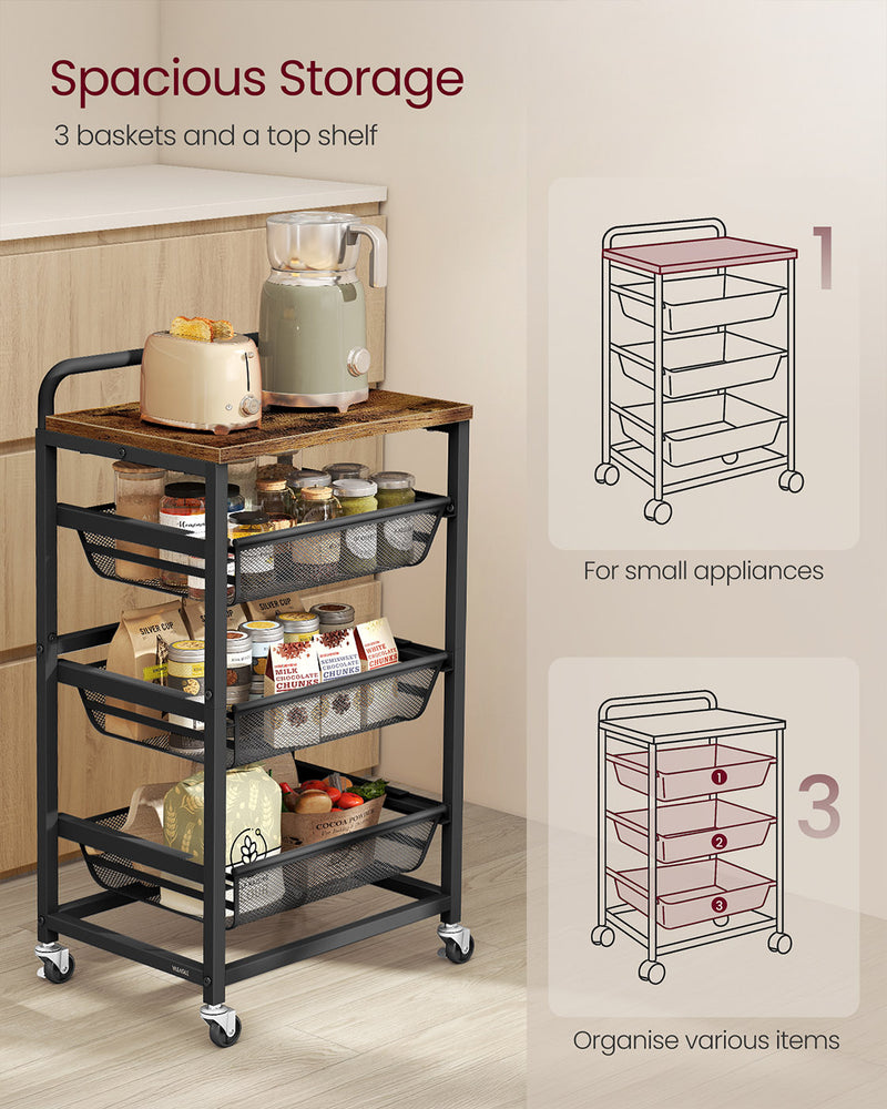 Storage Trolley with Pull Out Baskets Handle and Lockable Wheels for Home Organisation by Vasagle