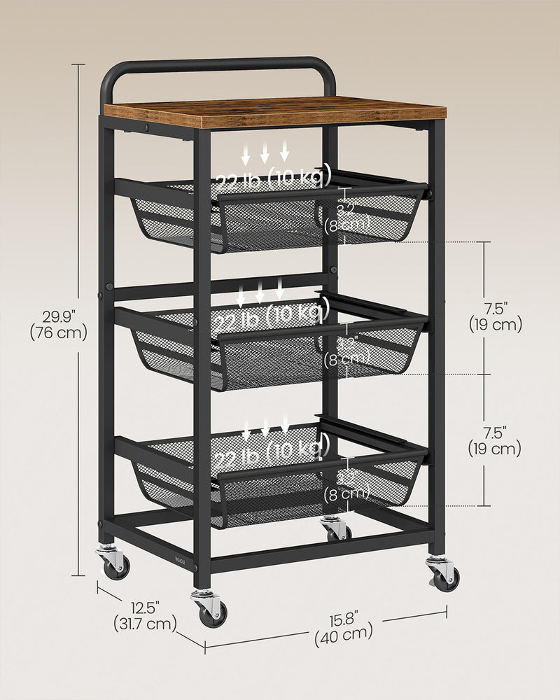 Storage Trolley with Pull Out Baskets Handle and Lockable Wheels for Home Organisation by Vasagle