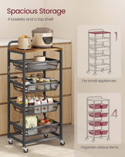 Storage Trolley with Wheels Handle and Removable Wire Baskets for Home Organisation by Vasagle
