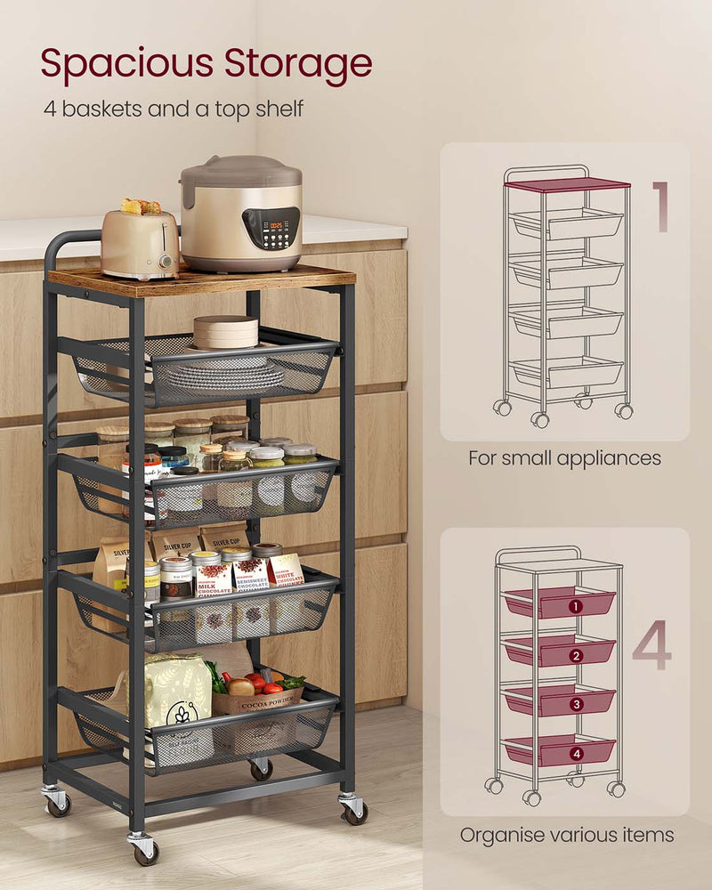 Storage Trolley with Wheels Handle and Removable Wire Baskets for Home Organisation by Vasagle