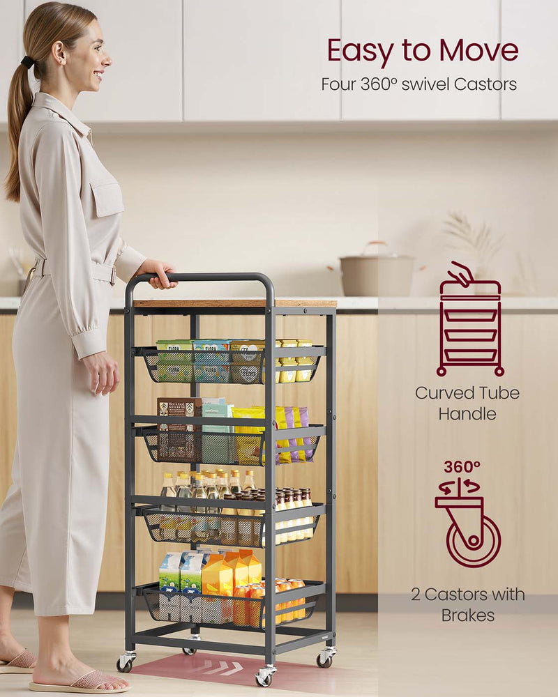 Storage Trolley with Wheels Handle and Removable Wire Baskets for Home Organisation by Vasagle