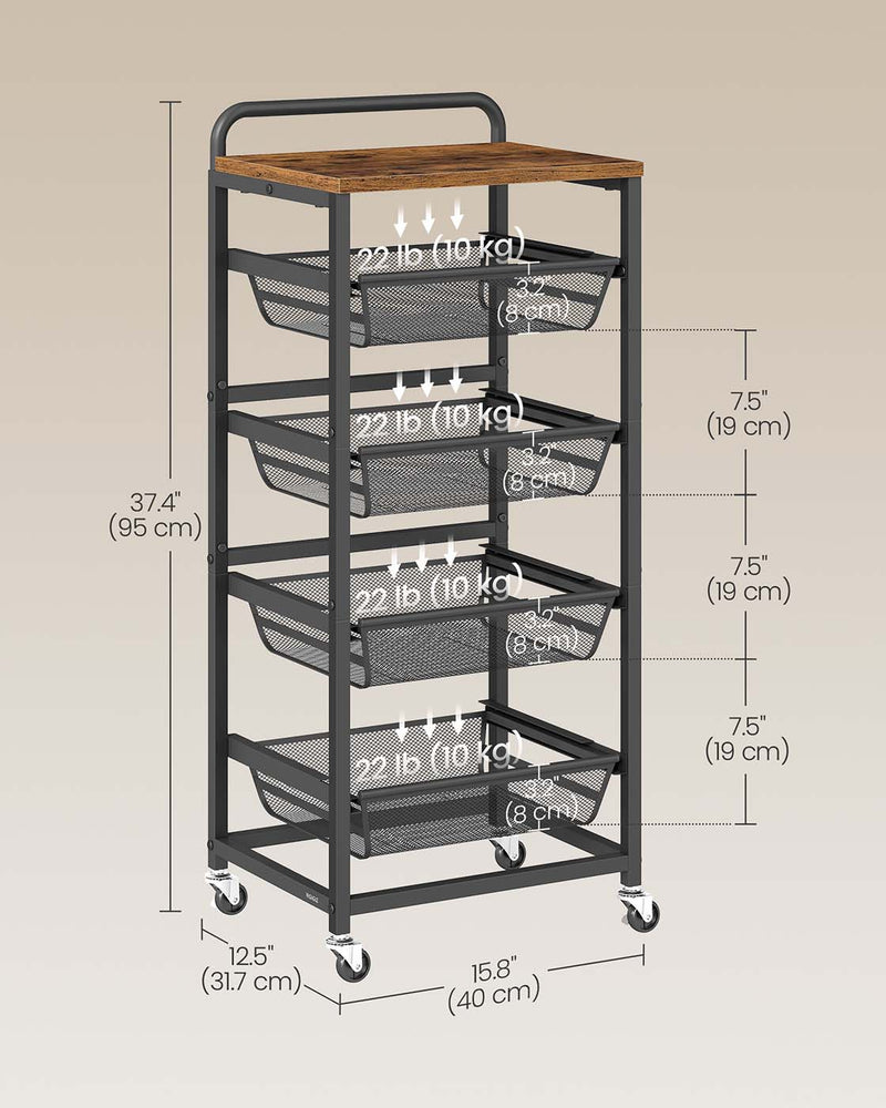 Storage Trolley with Wheels Handle and Removable Wire Baskets for Home Organisation by Vasagle