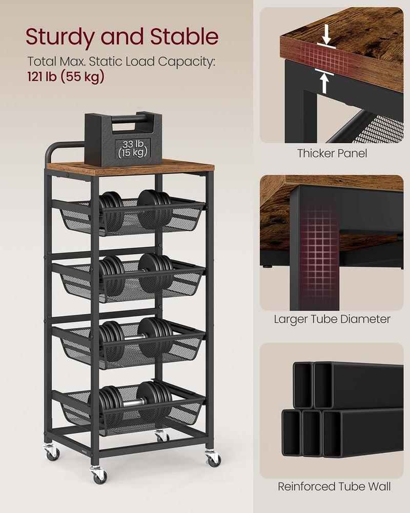 Storage Trolley with Wheels Handle and Removable Wire Baskets for Home Organisation by Vasagle