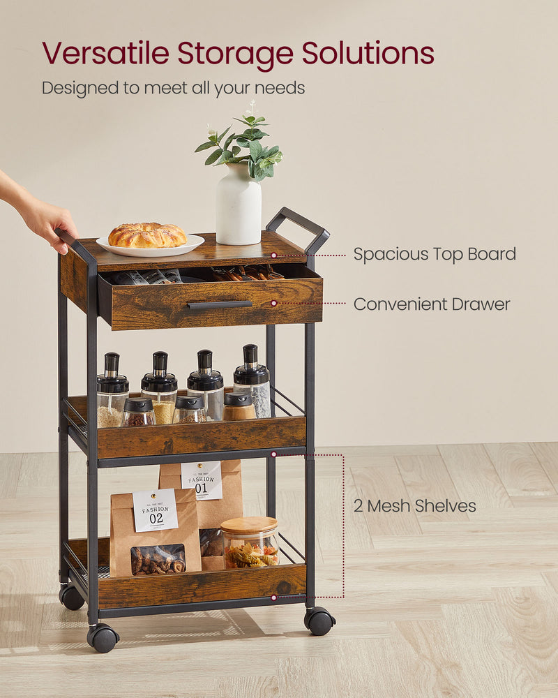 Industrial 3 Tier Rolling Storage Trolley with Drawer and Shelves For Kitchen by Vasagle