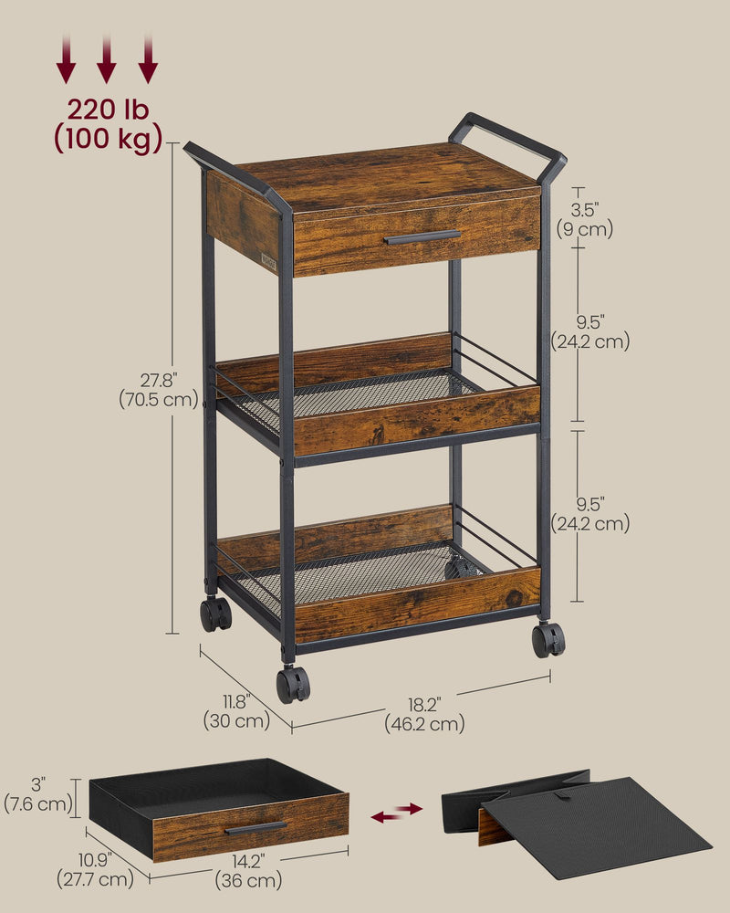 Industrial 3 Tier Rolling Storage Trolley with Drawer and Shelves For Kitchen by Vasagle