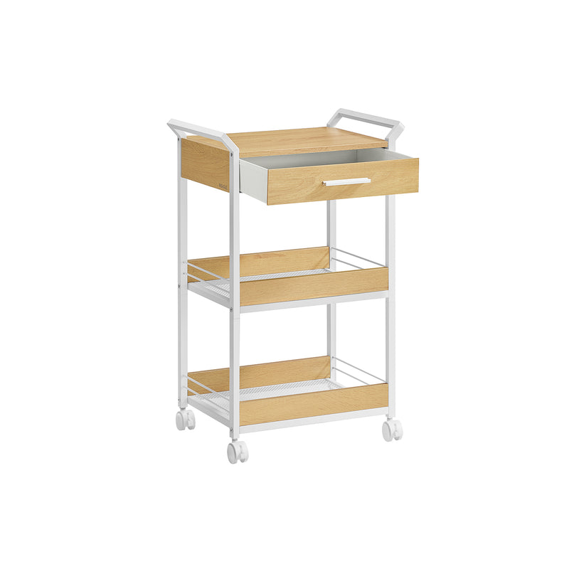 3 Tier Rolling Storage Trolley with Drawer For Kitchen by Vasagle, Oak and White