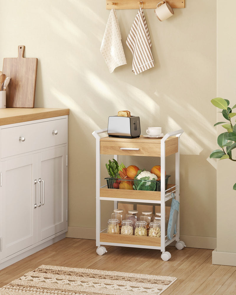 3 Tier Rolling Storage Trolley with Drawer For Kitchen by Vasagle, Oak and White