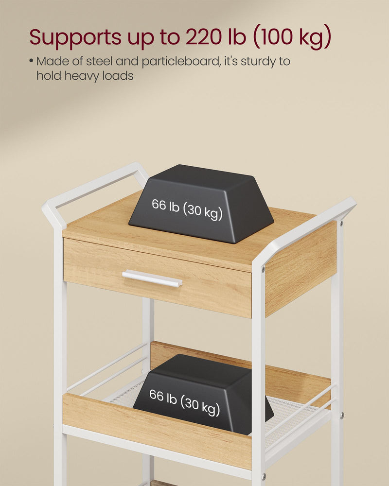3 Tier Rolling Storage Trolley with Drawer For Kitchen by Vasagle, Oak and White