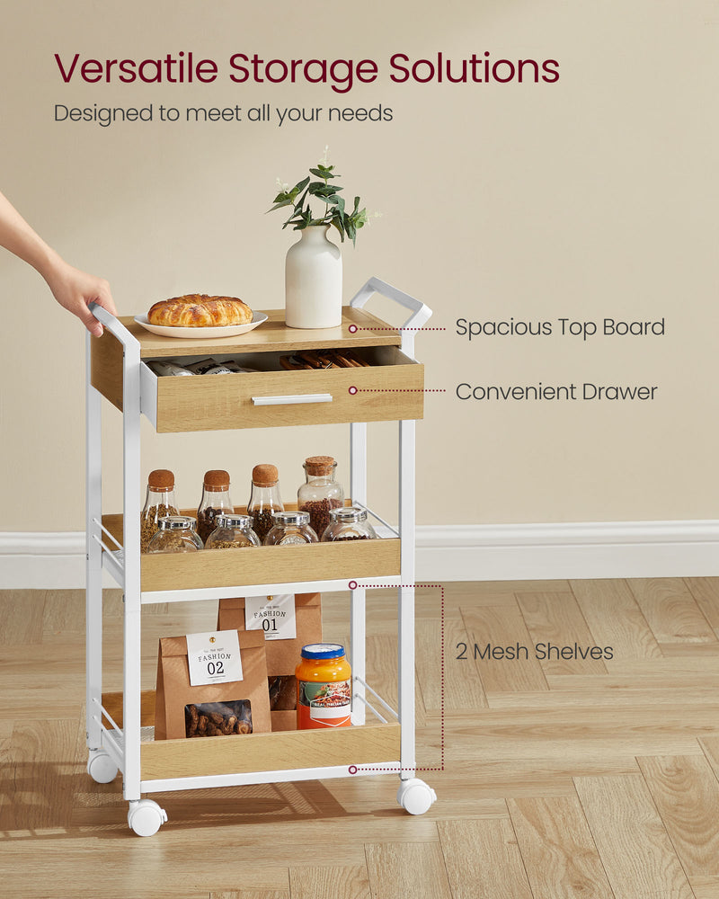 3 Tier Rolling Storage Trolley with Drawer For Kitchen by Vasagle, Oak and White