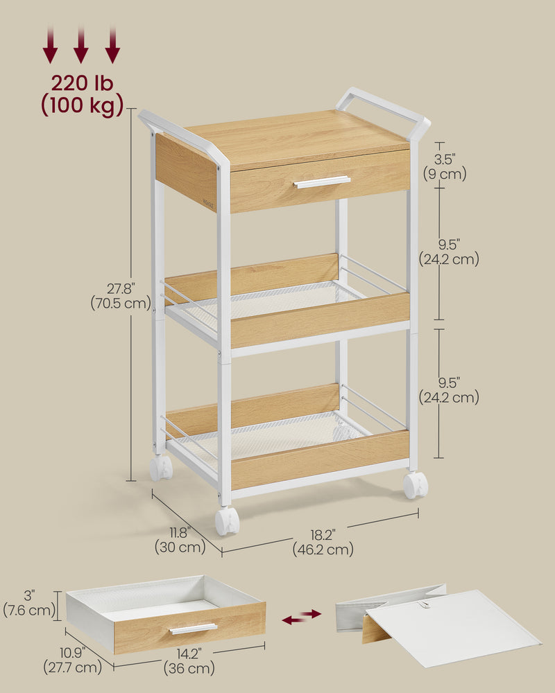 3 Tier Rolling Storage Trolley with Drawer For Kitchen by Vasagle, Oak and White