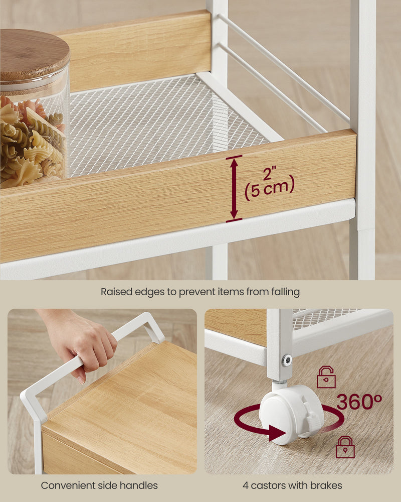 3 Tier Rolling Storage Trolley with Drawer For Kitchen by Vasagle, Oak and White