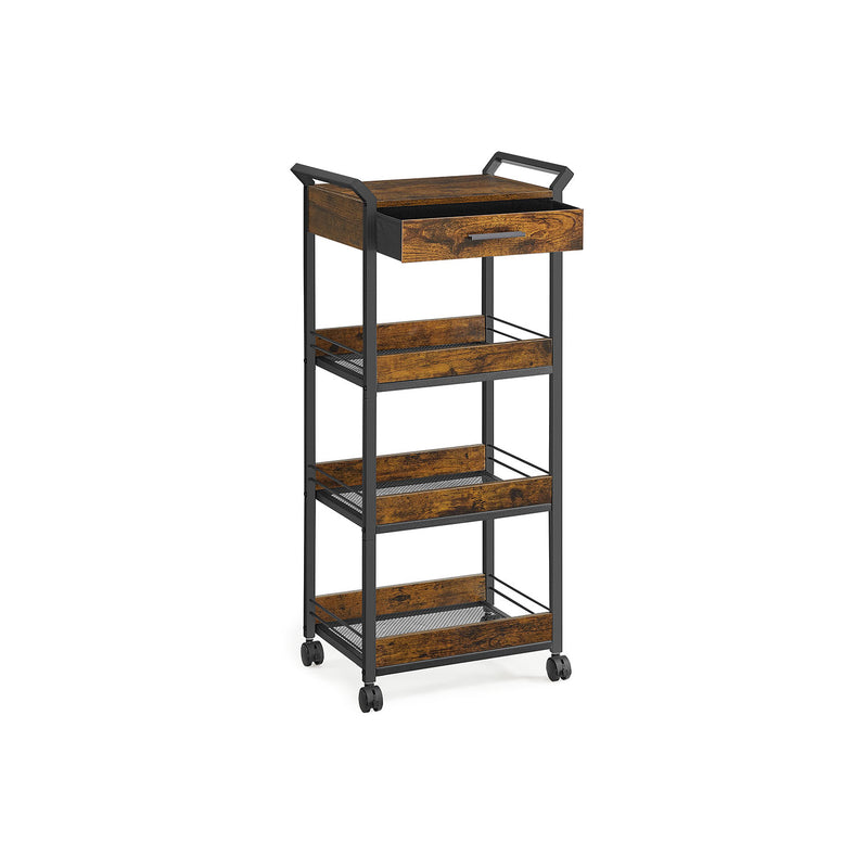 4 Tier Rolling Storage Trolley with Rustic Brown Shelves and Black Frame by Vasagle