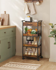 4 Tier Rolling Storage Trolley with Rustic Brown Shelves and Black Frame by Vasagle