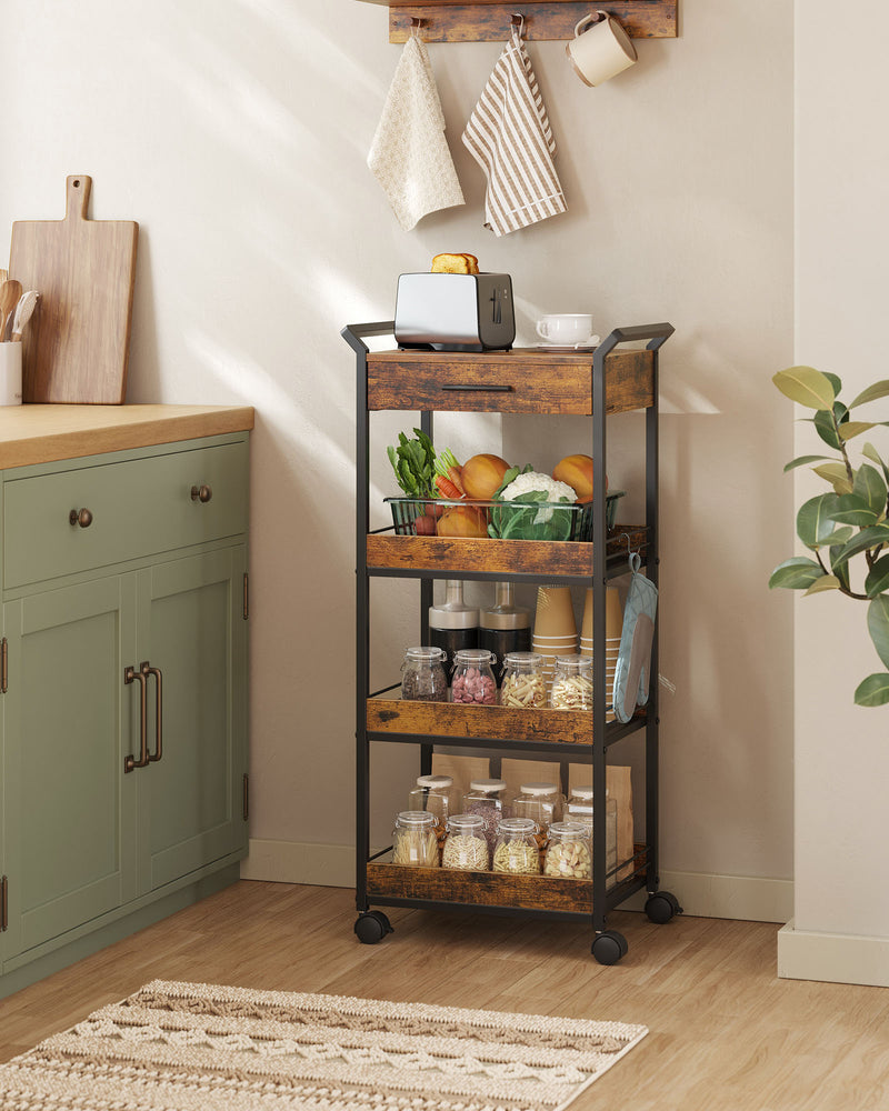 4 Tier Rolling Storage Trolley with Rustic Brown Shelves and Black Frame by Vasagle