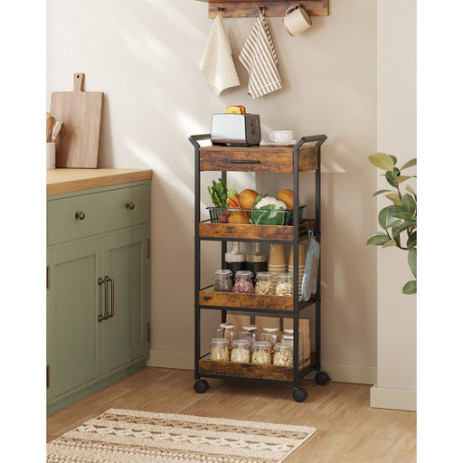 4 Tier Rolling Storage Trolley with Rustic Brown Shelves and Black Frame by Vasagle