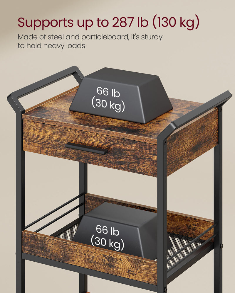 4 Tier Rolling Storage Trolley with Rustic Brown Shelves and Black Frame by Vasagle