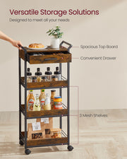 4 Tier Rolling Storage Trolley with Rustic Brown Shelves and Black Frame by Vasagle