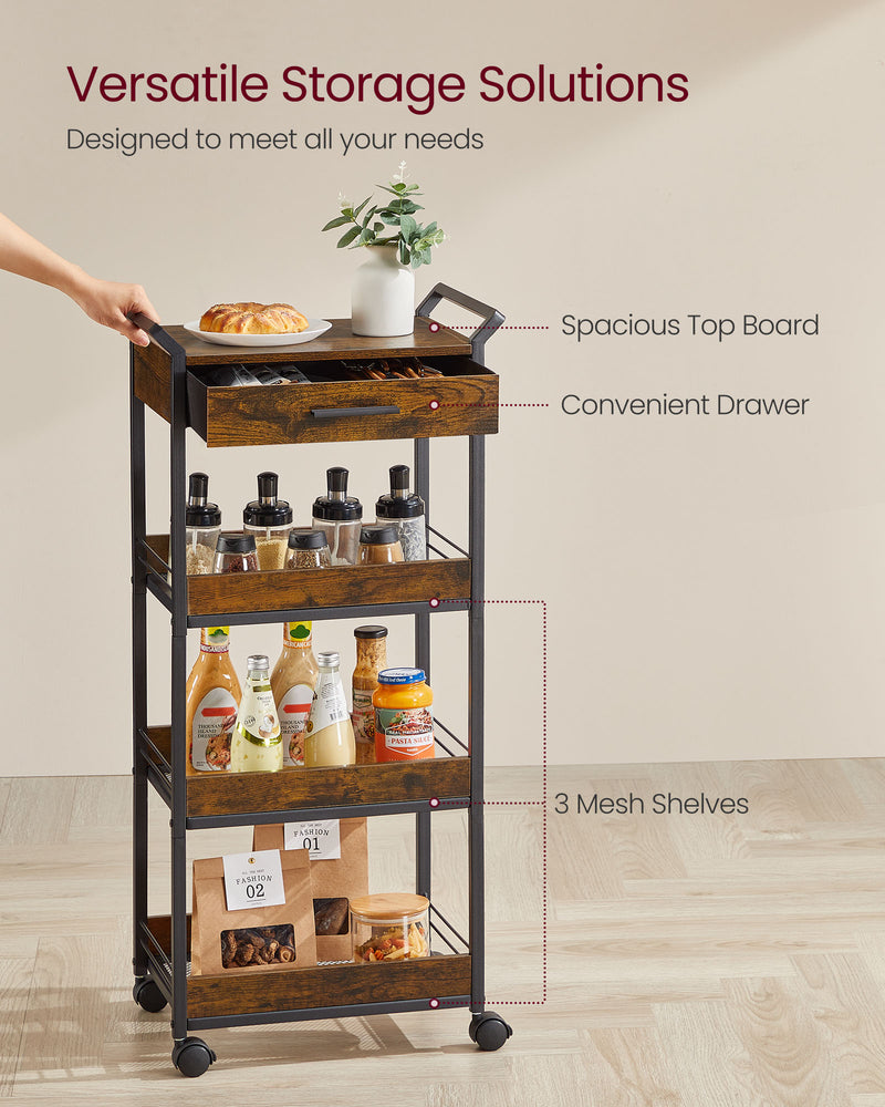 4 Tier Rolling Storage Trolley with Rustic Brown Shelves and Black Frame by Vasagle