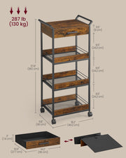 4 Tier Rolling Storage Trolley with Rustic Brown Shelves and Black Frame by Vasagle