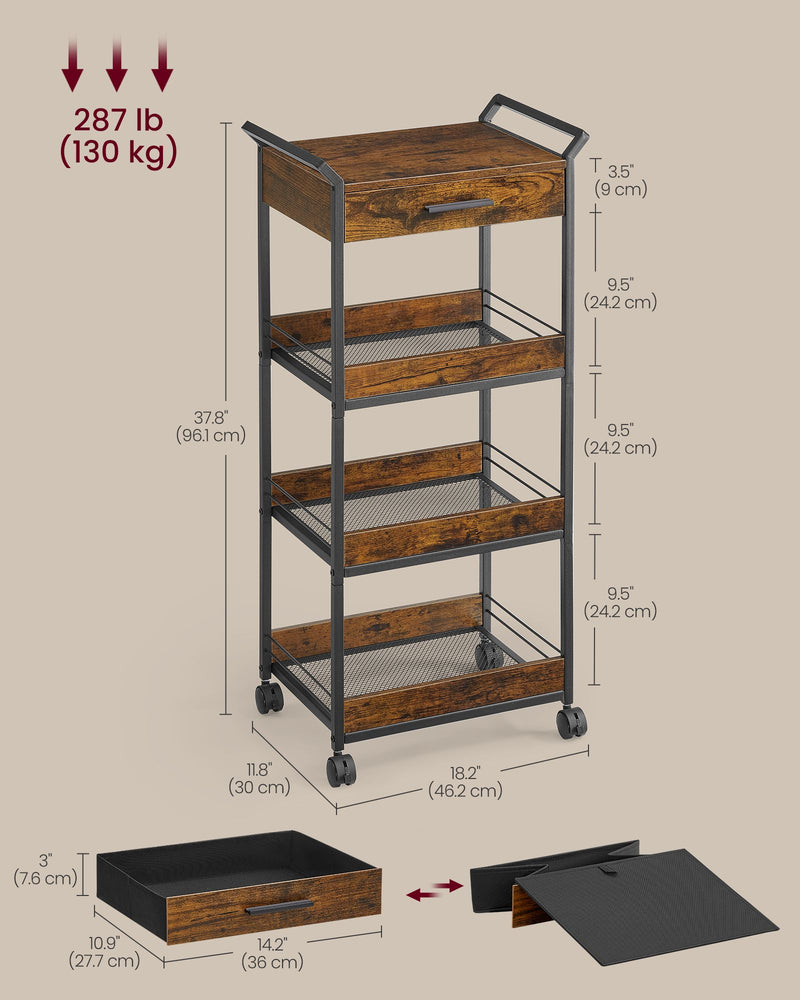 4 Tier Rolling Storage Trolley with Rustic Brown Shelves and Black Frame by Vasagle