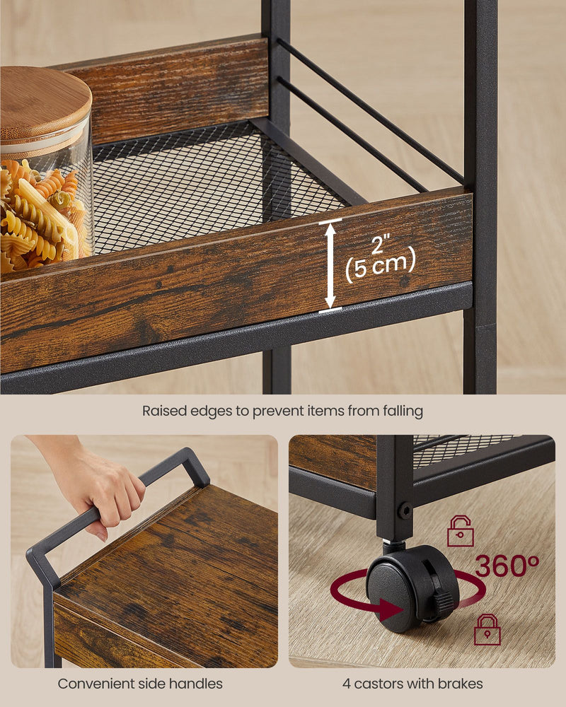 4 Tier Rolling Storage Trolley with Rustic Brown Shelves and Black Frame by Vasagle