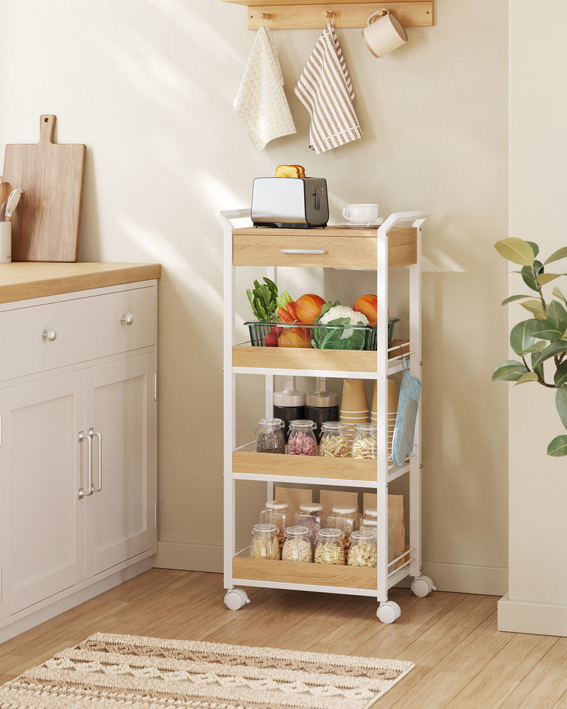 4 Tier Rolling Storage Trolley with Wood Shelves in Golden Oak and White by Vasagle