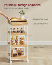 4 Tier Rolling Storage Trolley with Wood Shelves in Golden Oak and White by Vasagle