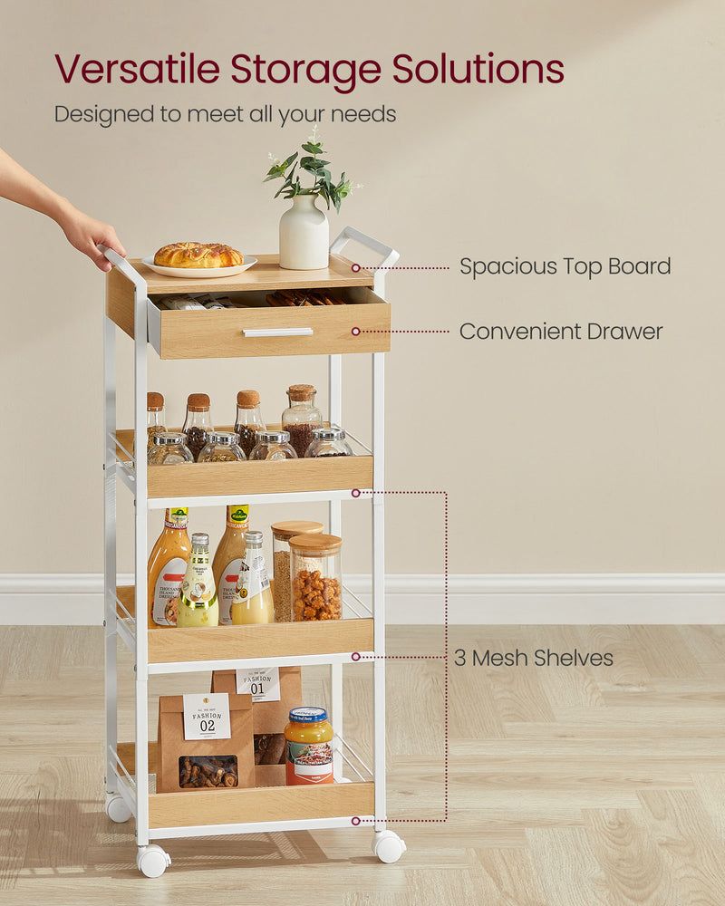 4 Tier Rolling Storage Trolley with Wood Shelves in Golden Oak and White by Vasagle