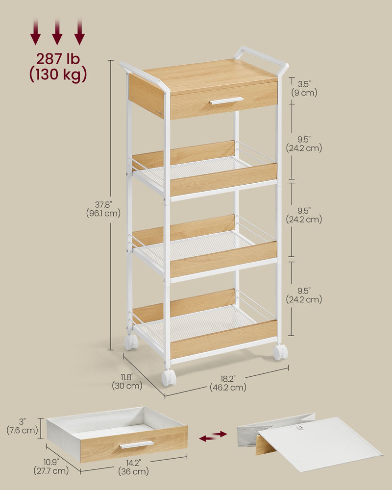 4 Tier Rolling Storage Trolley with Wood Shelves in Golden Oak and White by Vasagle